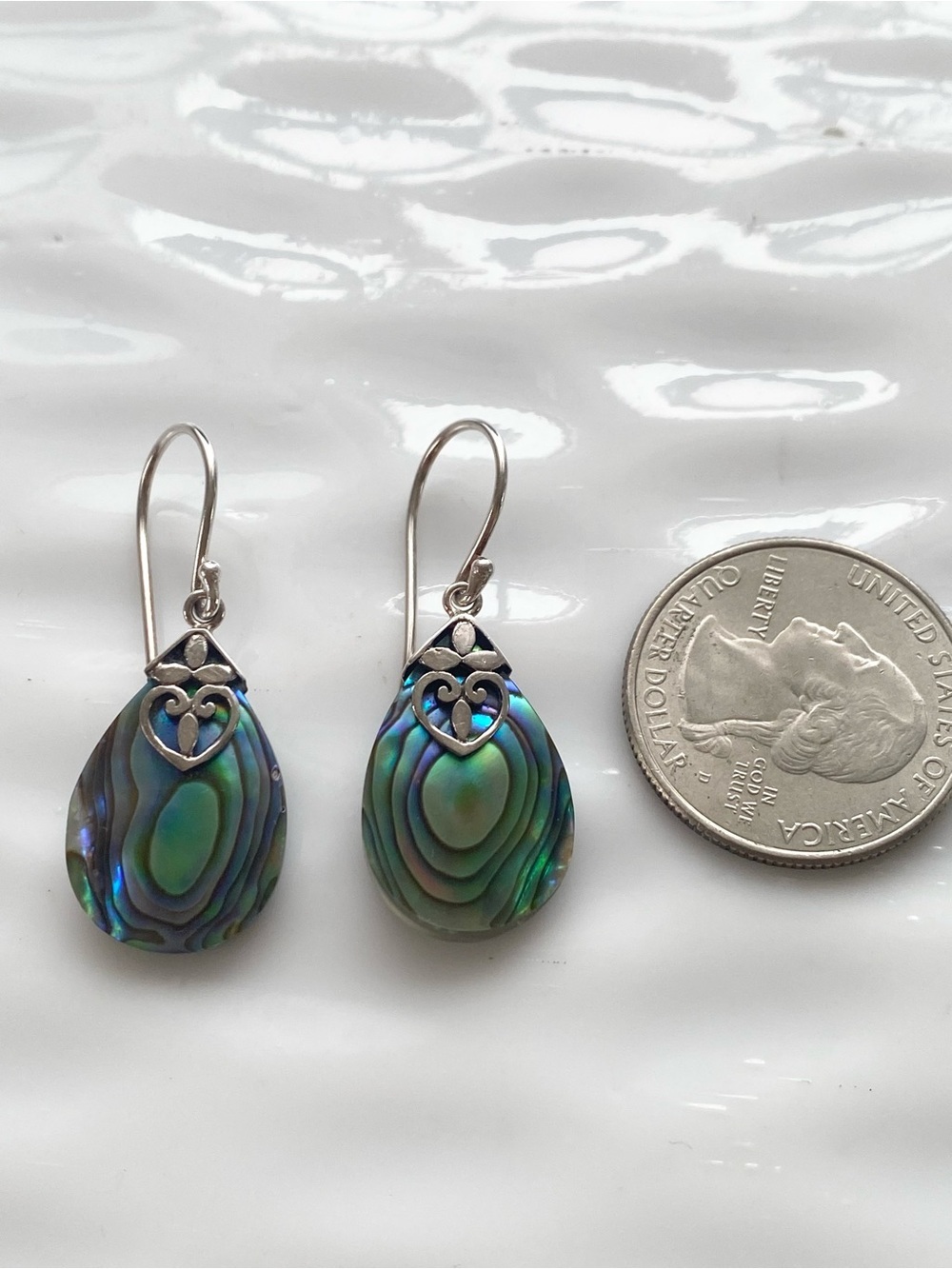 Sterling Silver Abalone Teardrop Earrings - Iridescent Green-Blue - Picture 4 of 8